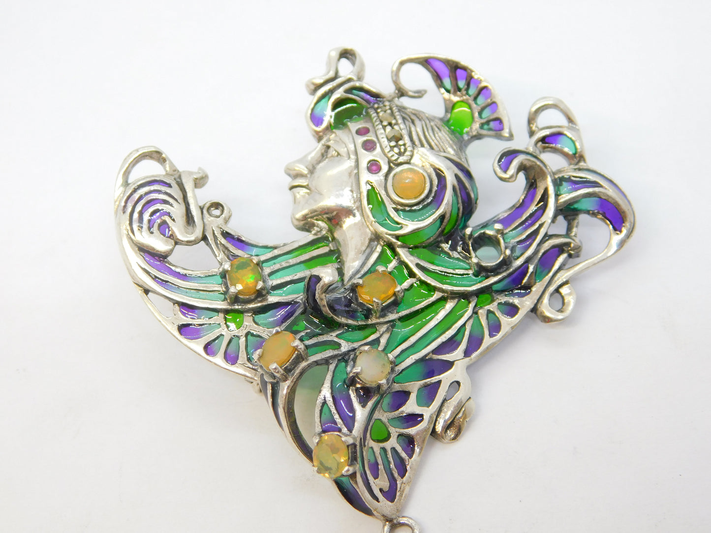Sterling Silver, Plique-à-jour Enamel, Opal Art Nouveau Style Brooch Vintage