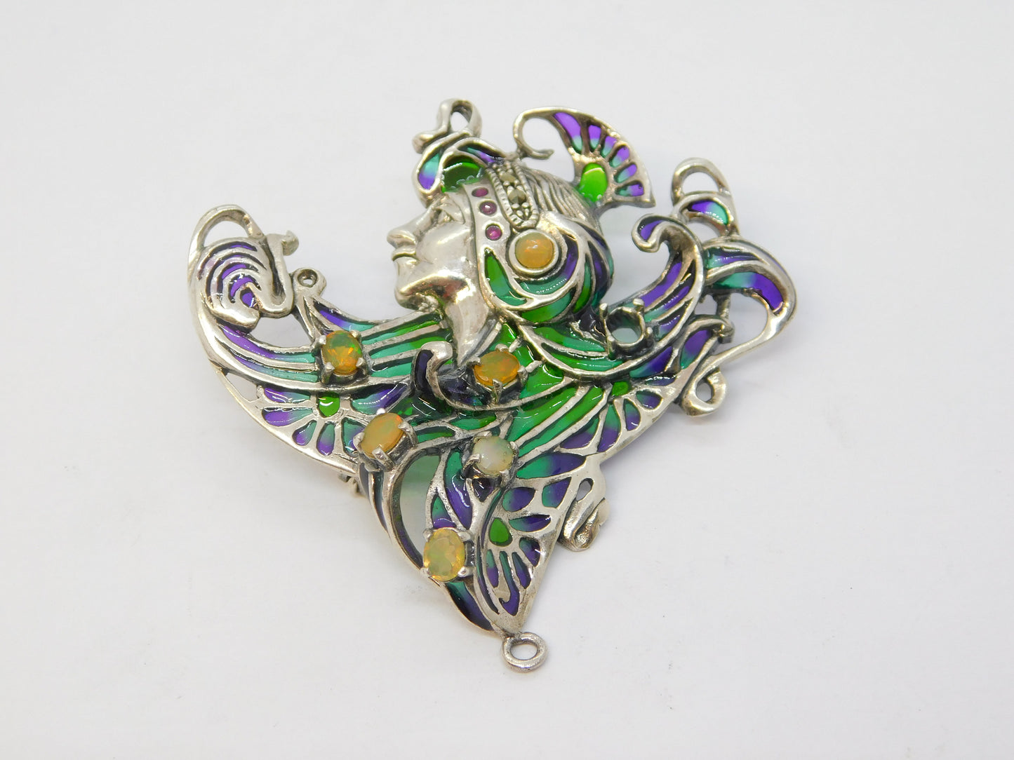 Sterling Silver, Plique-à-jour Enamel, Opal Art Nouveau Style Brooch Vintage
