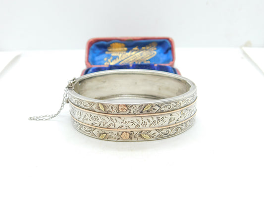 Aesthetic Movement Victorian Sterling Silver & 9ct Gold Bangle Antique c1880