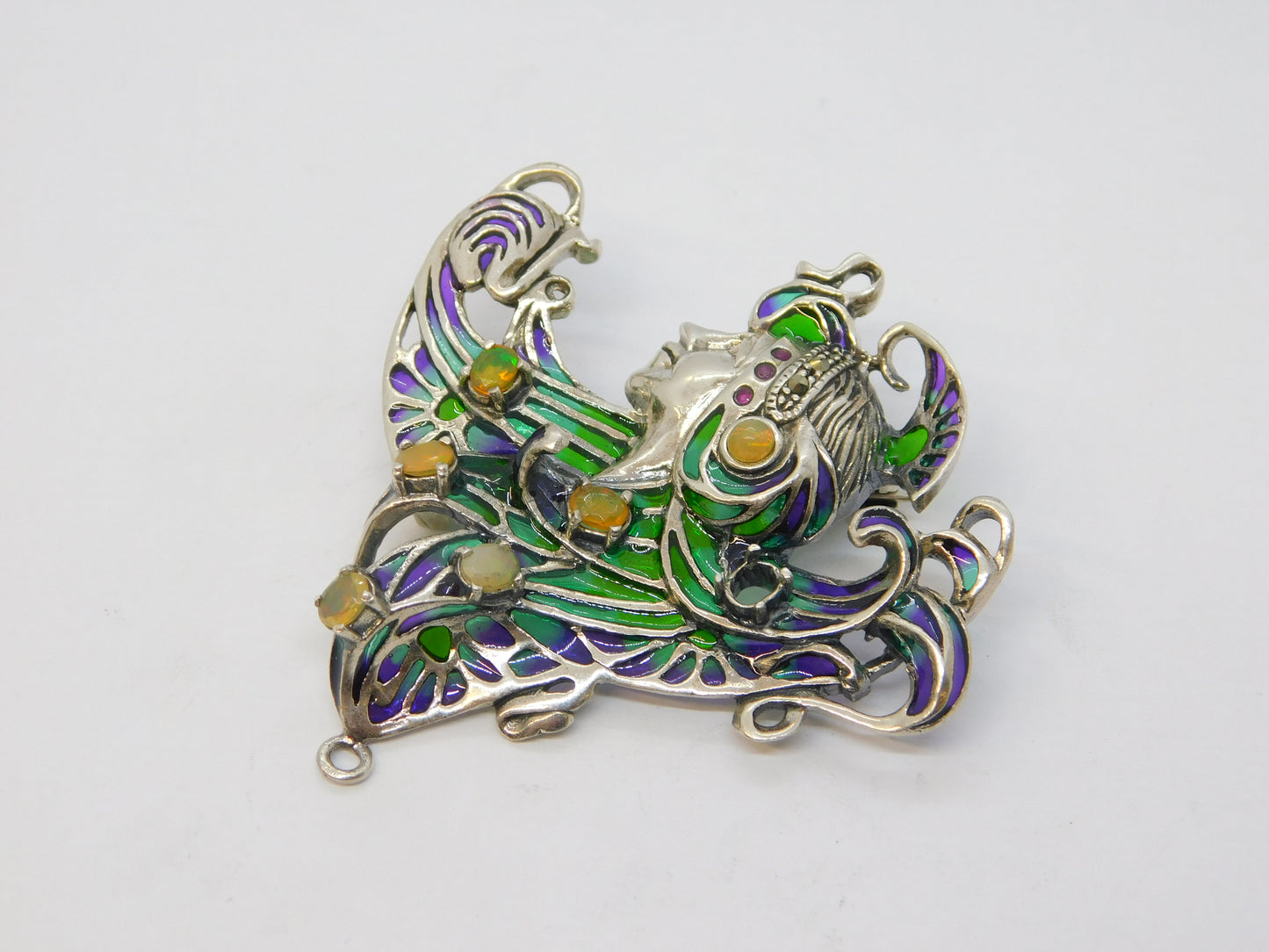 Sterling Silver, Plique-à-jour Enamel, Opal Art Nouveau Style Brooch Vintage