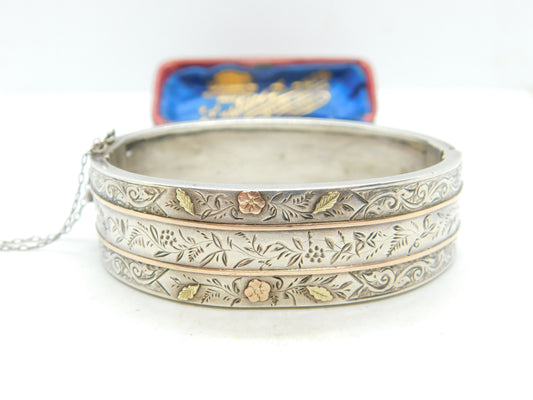 Aesthetic Movement Victorian Sterling Silver & 9ct Gold Bangle Antique c1880