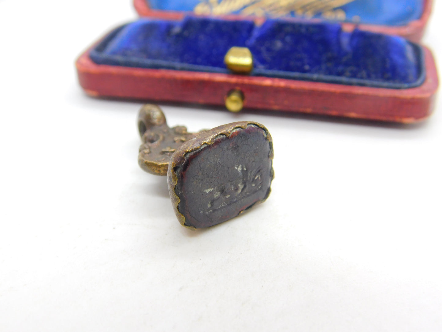 Early Victorian Bronze Metal & Carved Glass Running Hound Intaglio Fob Seal