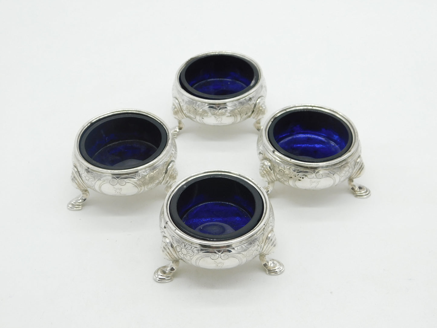 Early Georgian Set of Sterling Silver Glass Lined Salt Cellars 1739 London Antique John Jacob