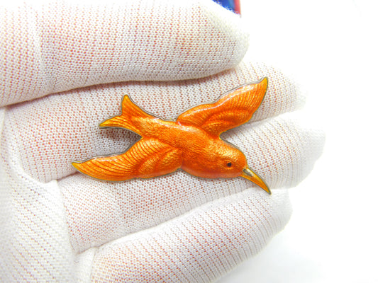 Scandinavian Sterling Silver Orange Enamel Hummingbird Brooch Antique c1920