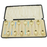 Boxed Set of Twelve Sterling Silver Colourful Enamel Teaspoons Antique 1931 Birmingham