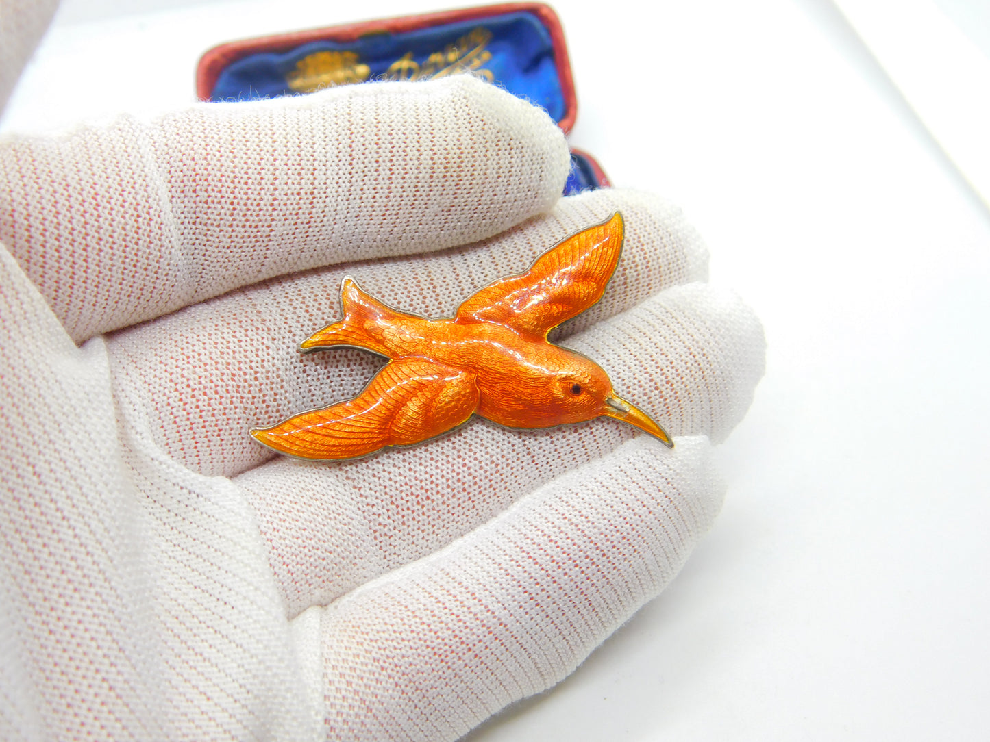 Scandinavian Sterling Silver Orange Enamel Hummingbird Brooch Antique c1920