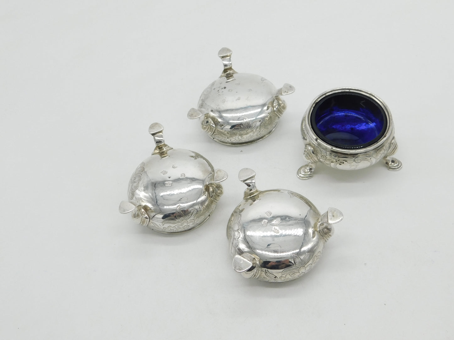 Early Georgian Set of Sterling Silver Glass Lined Salt Cellars 1739 London Antique John Jacob