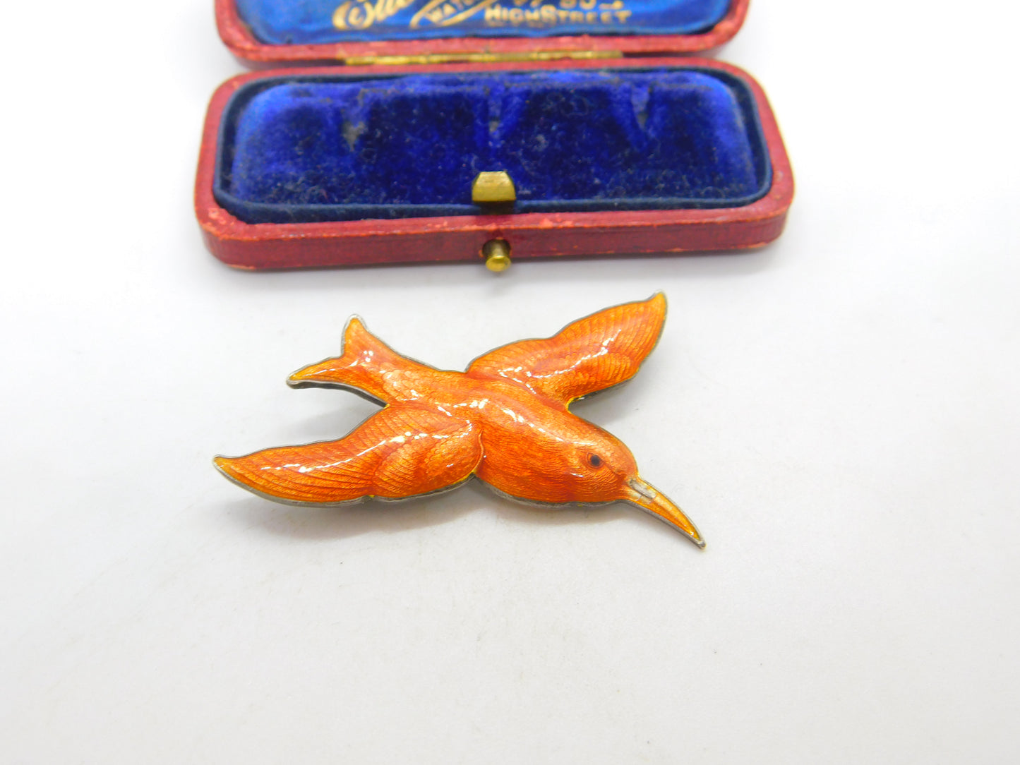 Scandinavian Sterling Silver Orange Enamel Hummingbird Brooch Antique c1920