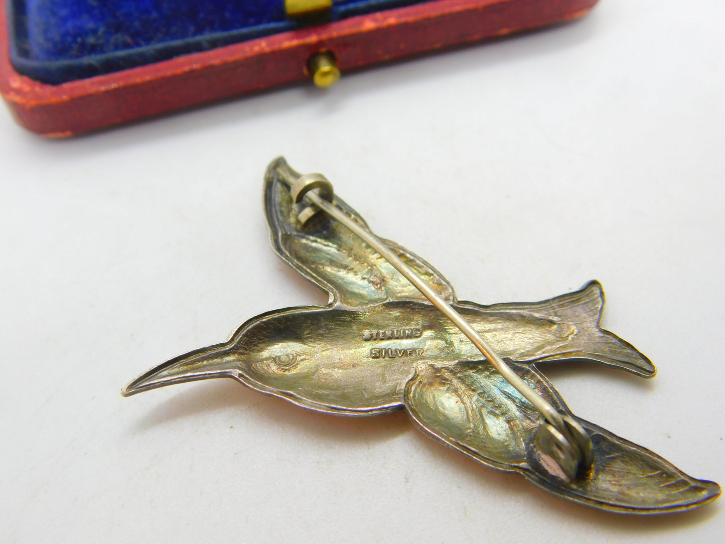 Scandinavian Sterling Silver Orange Enamel Hummingbird Brooch Antique c1920