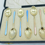 Boxed Set of Twelve Sterling Silver Colourful Enamel Teaspoons Antique 1931 Birmingham