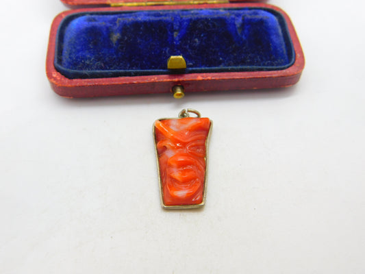 Sterling Silver Set Carved Red Coral Laughing Face Pendant Antique c1920 Deco