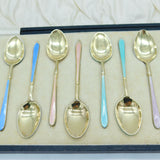 Boxed Set of Twelve Sterling Silver Colourful Enamel Teaspoons Antique 1931 Birmingham
