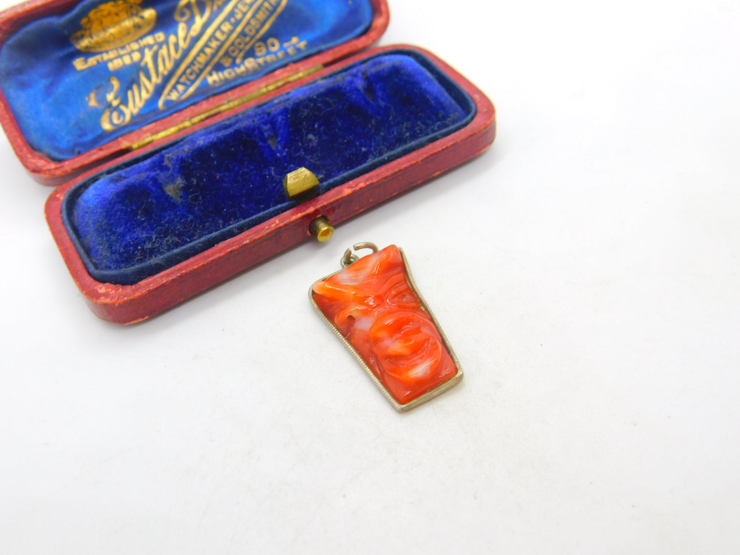 Sterling Silver Set Carved Red Coral Laughing Face Pendant Antique c1920 Deco