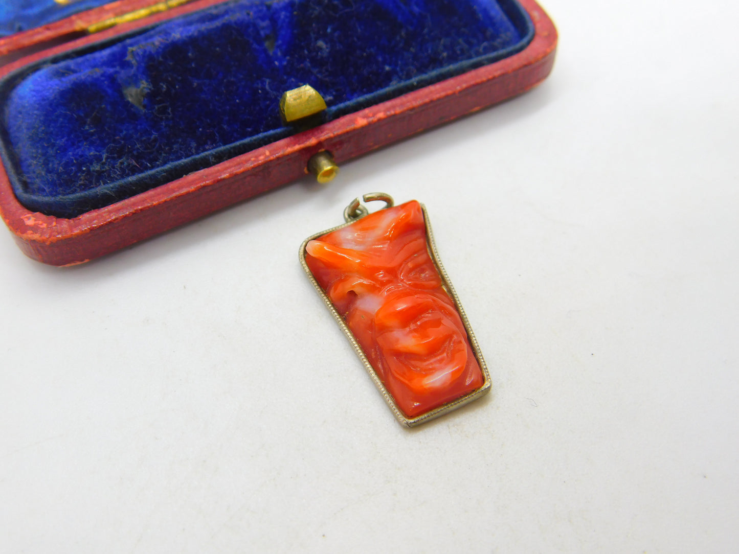 Sterling Silver Set Carved Red Coral Laughing Face Pendant Antique c1920 Deco