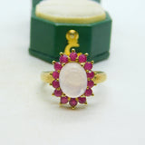 9ct Yellow Gold, Ruby & Cabochon Rose Quartz Cluster Ring Vintage c1990