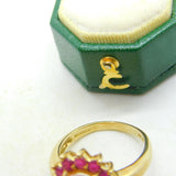 9ct Yellow Gold, Ruby & Cabochon Rose Quartz Cluster Ring Vintage c1990