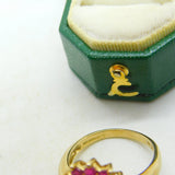 9ct Yellow Gold, Ruby & Cabochon Rose Quartz Cluster Ring Vintage c1990