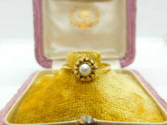 18ct Yellow Gold & Pearl Set Band Ring Antique c1930 Art Deco Size O UK