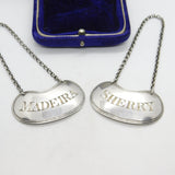 Pair Georgian Sterling Silver Bright Cut Decanter Labels Madeira & Sherry 1825