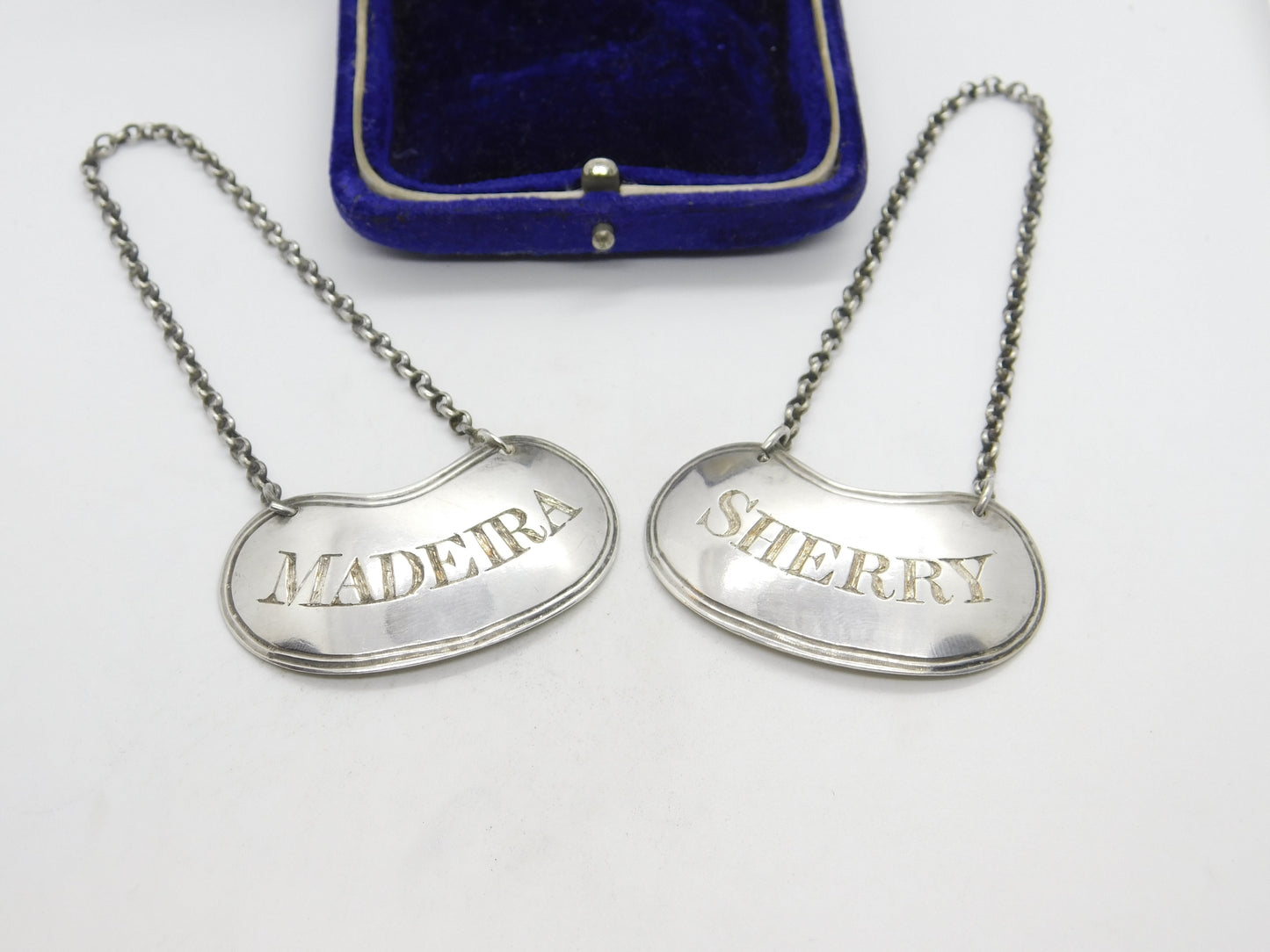 Pair Georgian Sterling Silver Bright Cut Decanter Labels Madeira & Sherry 1825