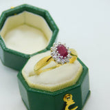 18ct Yellow Gold, Oval Cut Ruby & Diamond Engagement Ring Vintage Birmingham 2003