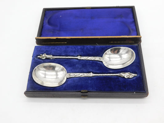 Victorian Boxed Pair Dutch Sterling Silver Apostle Serving Spoons 1845 Antique