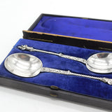 Victorian Boxed Pair Dutch Sterling Silver Apostle Serving Spoons 1845 Antique