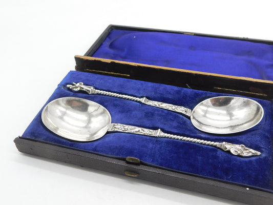 Victorian Boxed Pair Dutch Sterling Silver Apostle Serving Spoons 1845 Antique