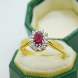 18ct Yellow Gold, Oval Cut Ruby & Diamond Engagement Ring Vintage Birmingham 2003