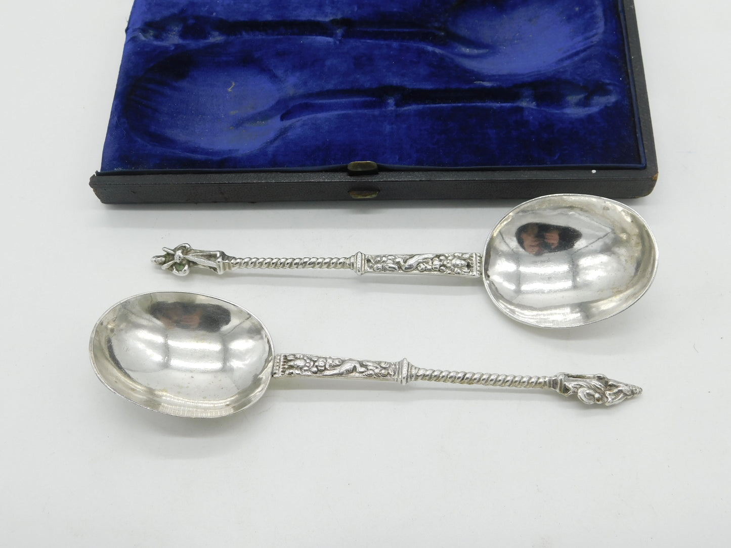 Victorian Boxed Pair Dutch Sterling Silver Apostle Serving Spoons 1845 Antique