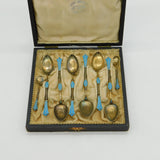 David Andersen Norway Boxed Sterling Silver Gilt Enamel Teaspoon Set Antique c1930