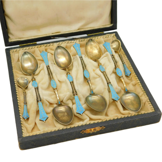 David Andersen Norway Boxed Sterling Silver Gilt Enamel Teaspoon Set Antique c1930