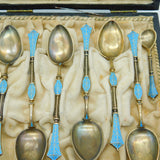 David Andersen Norway Boxed Sterling Silver Gilt Enamel Teaspoon Set Antique c1930