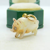 Victorian 9ct Gold, Diamond & Carved Mother of Pearl Pig Charm Antique c1880