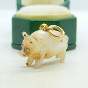 Victorian 9ct Gold, Diamond & Carved Mother of Pearl Pig Charm Antique c1880