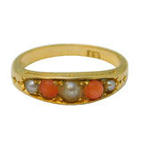 Victorian 18ct Yellow Gold, Natural Coral & Seed Pearl Boat Ring Antique