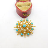 9ct Yellow Gold Starburst Brooch with Pearl & Turquoise 1968 London Vintage