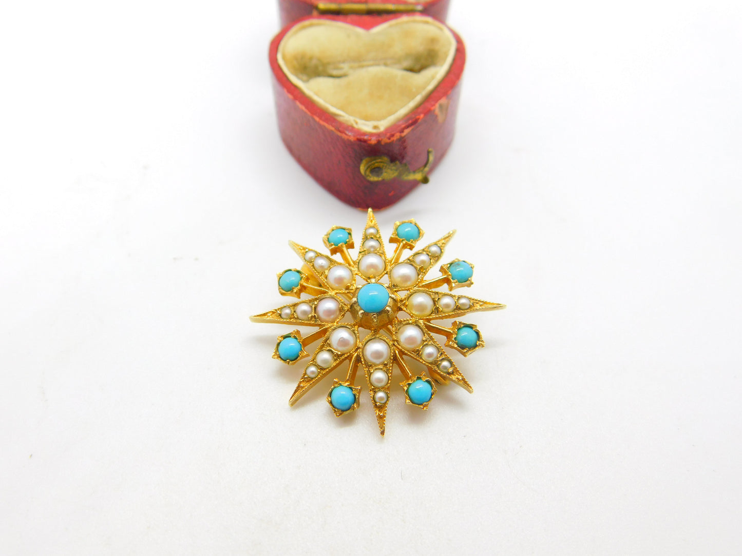 9ct Yellow Gold Starburst Brooch with Pearl & Turquoise 1968 London Vintage