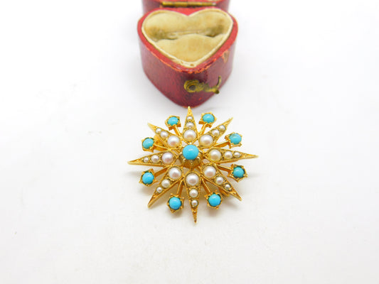 9ct Yellow Gold Starburst Brooch with Pearl & Turquoise 1968 London Vintage