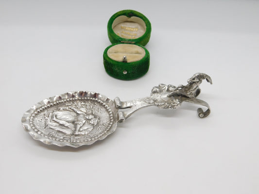 Victorian Sterling Silver Goat & Country Scene Tea Caddy Spoon 1901 Antique