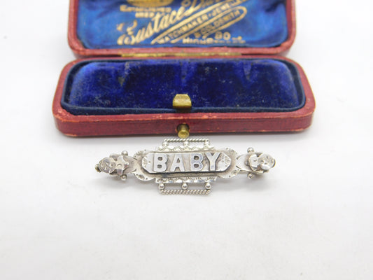 Victorian Sterling Silver 'Baby' Christening Brooch Antique c1890