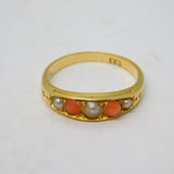 Victorian 18ct Yellow Gold, Natural Coral & Seed Pearl Boat Ring Antique