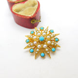 9ct Yellow Gold Starburst Brooch with Pearl & Turquoise 1968 London Vintage