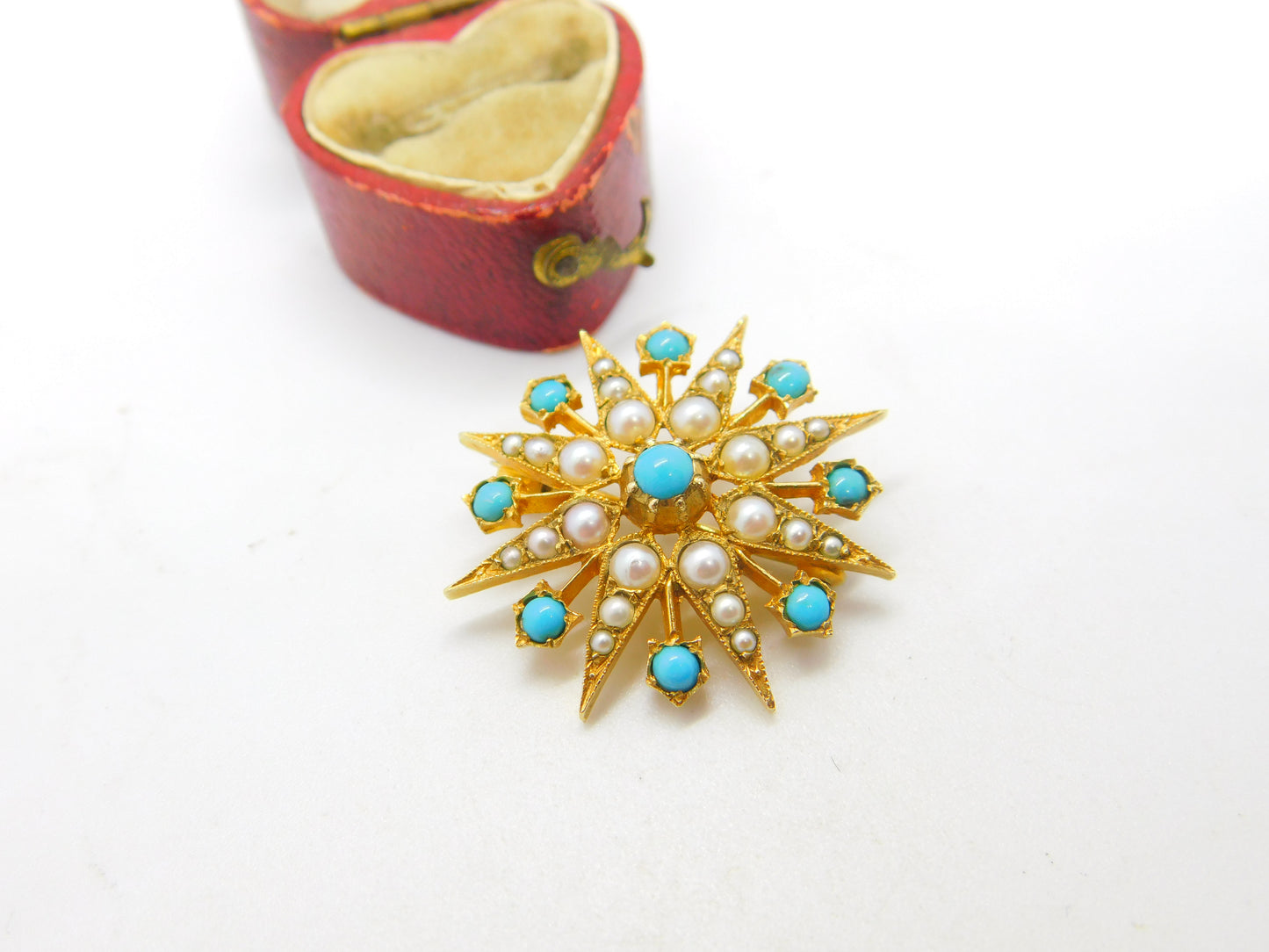 9ct Yellow Gold Starburst Brooch with Pearl & Turquoise 1968 London Vintage