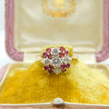 9ct Gold, Ruby & Diamond Paste Floral Cluster Ring Vintage 1987 London