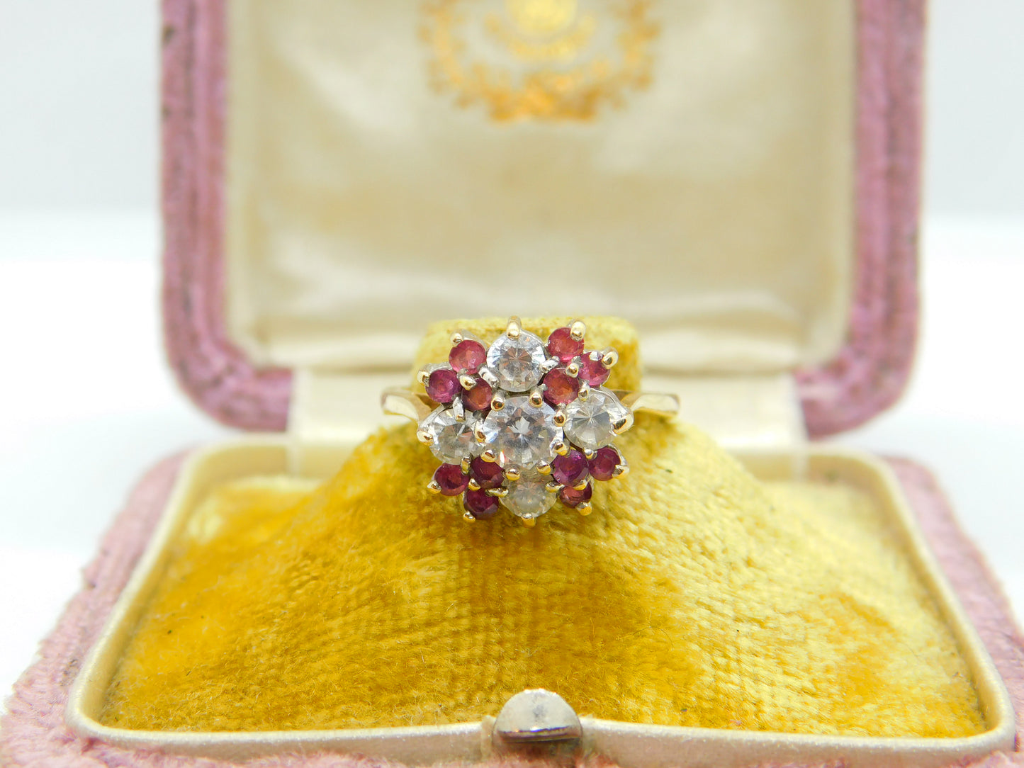 9ct Gold, Ruby & Diamond Paste Floral Cluster Ring Vintage 1987 London