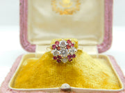 9ct Gold, Ruby & Diamond Paste Floral Cluster Ring Vintage 1987 London