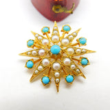 9ct Yellow Gold Starburst Brooch with Pearl & Turquoise 1968 London Vintage