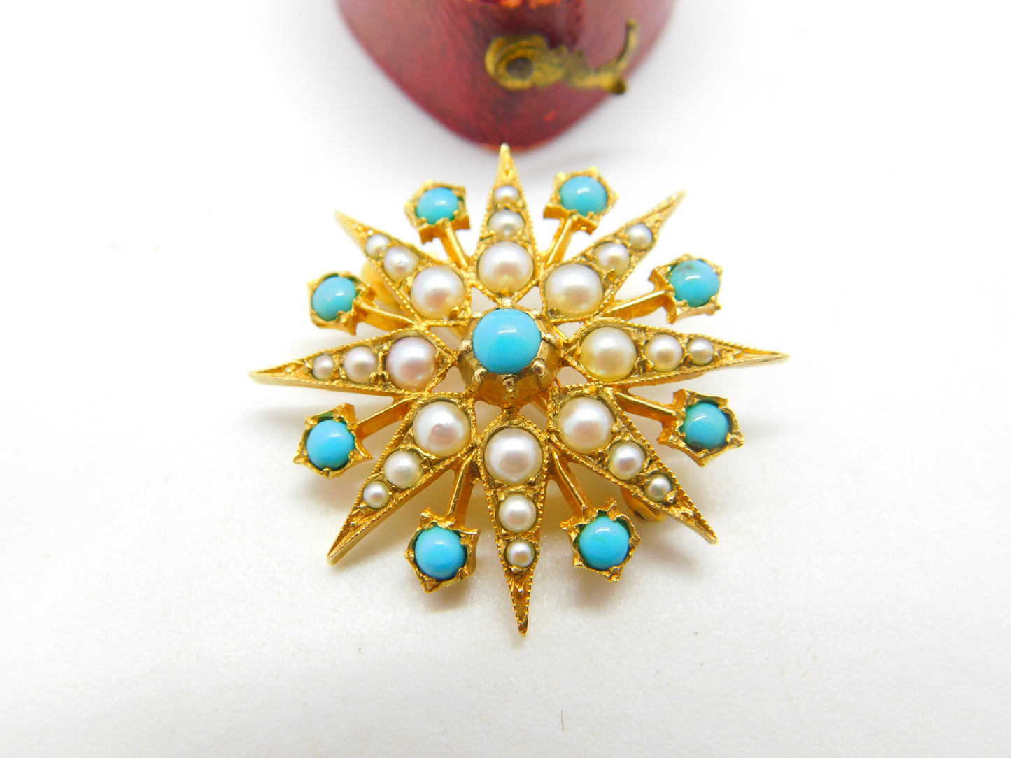 9ct Yellow Gold Starburst Brooch with Pearl & Turquoise 1968 London Vintage