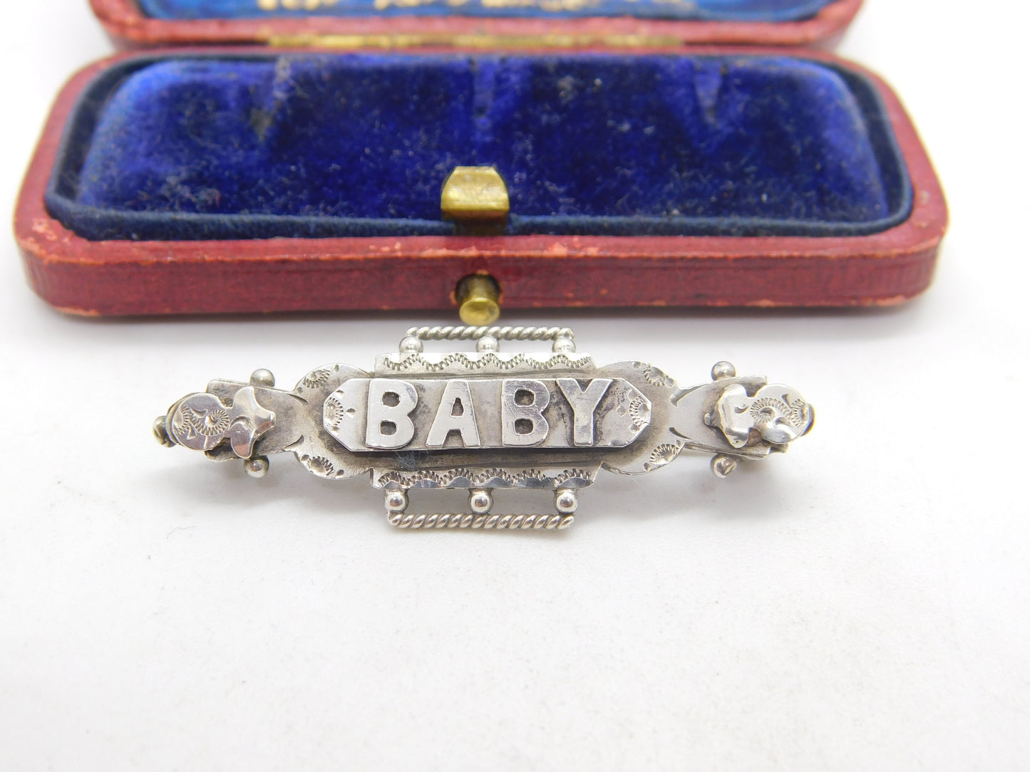 Victorian Sterling Silver 'Baby' Christening Brooch Antique c1890